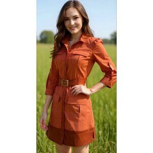 Vintage Y2K Bebe Rust Orange Belted Mini Shirt Dress w/Pockets & Satin Trim S